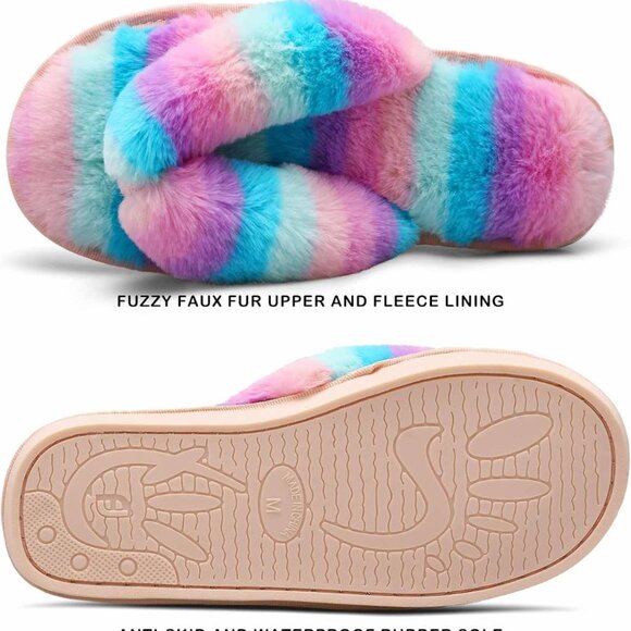 Women's Brand New Furry & Colorful Striped Thong Slippers with Hard Soles SIZE M - Picture 4 of 10